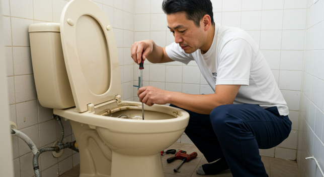 トイレをDIYで修理する男性