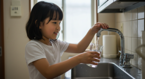 安全な水をくむ女の子