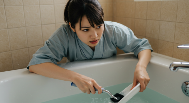 お風呂の水がでず困っている女性